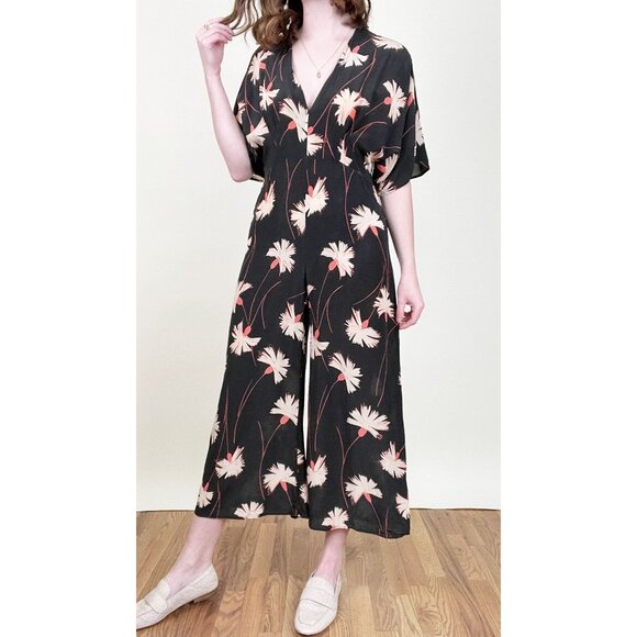 100% Mulberry Silk Wide Leg Jumpsuit Pleated Floral Relaxed Fit & Flare V-Neck - Picture 12 of 12